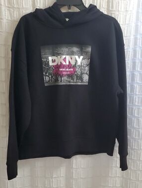 DKNY Black Hood Crewneck Sweatshirt with Pink Accent Logo